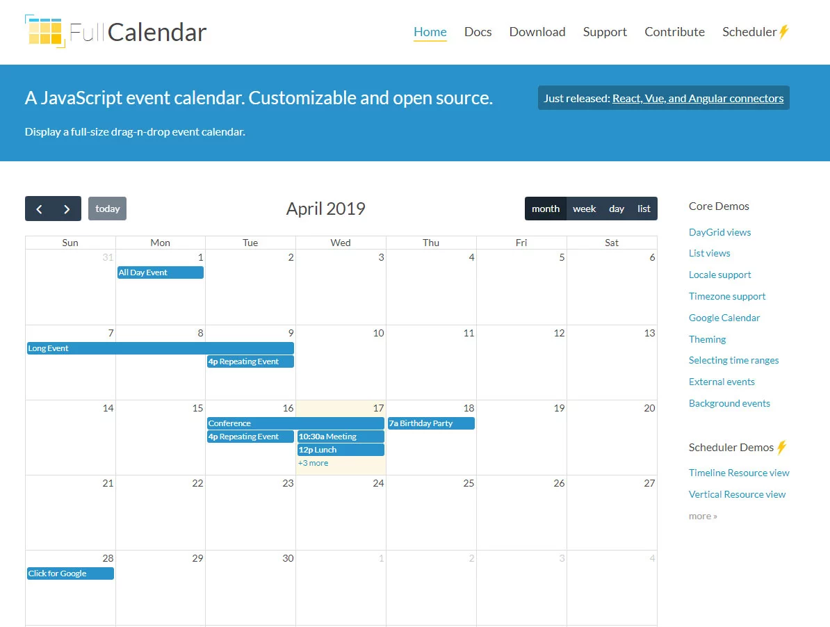 Full Calendar A JavaScript event calendar. Customisable and open source.
